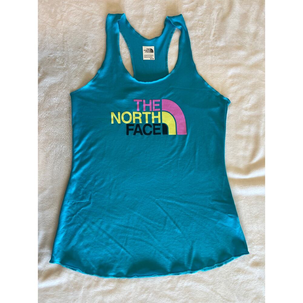 The North Face Teal Blue Graphic Racerback Tank Top Women’s Medium Neon Logo
